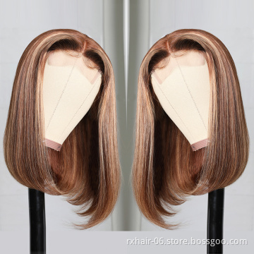 Cheap Hightlight Piano Color Blunt Cut Double Drawn Wig, Bone Straight 4/27 Raw Brazilian Human Hair Lace Front Bob Wig